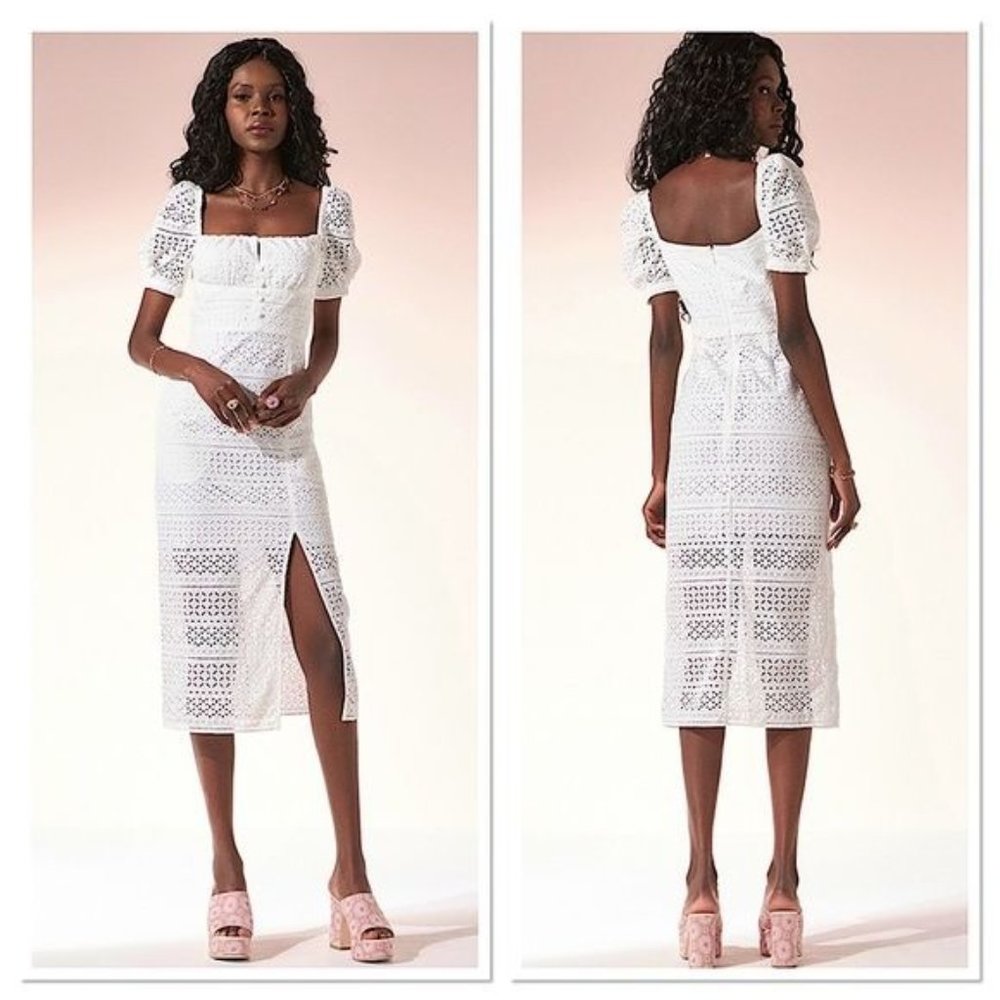 RAISSA Romantic Eyelet lace Square neck Bodycon Midi dress in White Size XS NWT